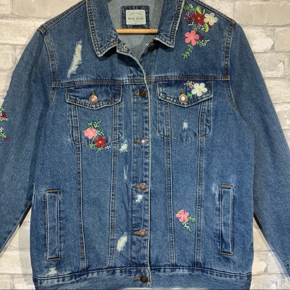 WAX JEAN. DENIM JACKET. FLORAL EMBROIDERY. 100% COTTON. MEDIUM WASH. SZ MEDIUM - Picture 4 of 11